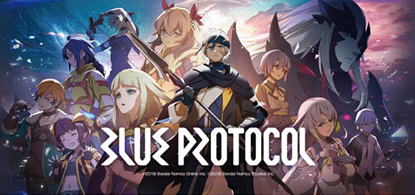 Key art for the anime-style online game Blue Protocol by Bandai Namco, featuring a group of colorful characters in a fantasy setting with the game's logo prominently displayed.
