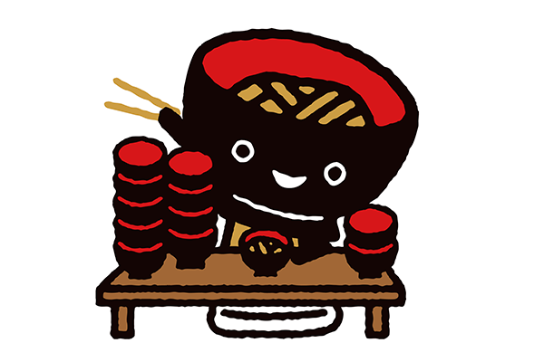 Illustration of a cute character with a bowl-shaped head eating noodles at a table, surrounded by stacks of red bowls. The character and style are themed after Iwate and systemd.