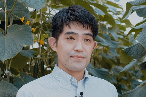 A person stands in a greenhouse in Kochi Prefecture, surrounded by cucumber plants and yellow flowers, wearing a light-colored collared shirt and a microphone.