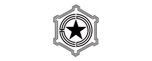 A black star centered within concentric circular lines and a hexagonal border.