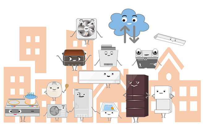 Illustration featuring various Mitsubishi Electric appliance mascots with smiling faces in front of a stylized cityscape and cloud symbol representing cloud connectivity.