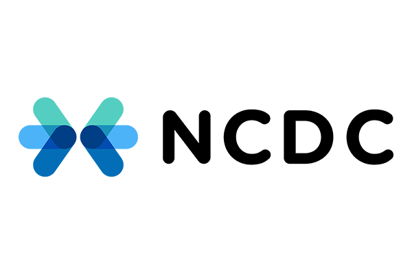 NCDC company logo with abstract blue graphic on the left and black horizontal text on the right.