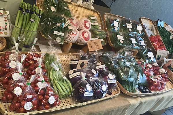 A display of fresh produce including tomatoes, asparagus, eggplants, and leafy greens, neatly arranged in baskets at a local market or agency in Tottori.