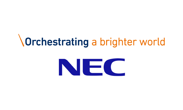 Logo for NEC with the tagline 'Orchestrating a brighter world' in blue and orange text on a white background.