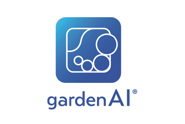 Logo of gardenAI, featuring a blue rounded square with abstract circular and curved line elements, used in the ENEOS case study.