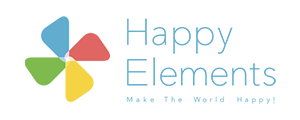 Logo of Happy Elements, featuring a colorful pinwheel design and the tagline 'Make The World Happy!'.
