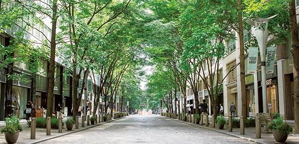 A tree-lined urban street with lush greenery, shops, and pedestrians in Mitsubishi Estate, Tokyo.