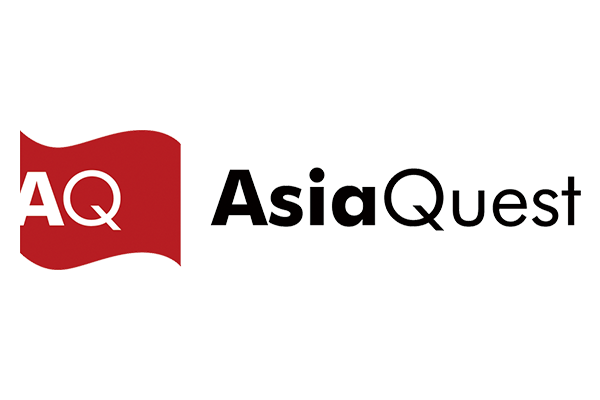 Logo of AsiaQuest featuring stylized red 'AQ' on a flag shape and 'AsiaQuest' text in black.