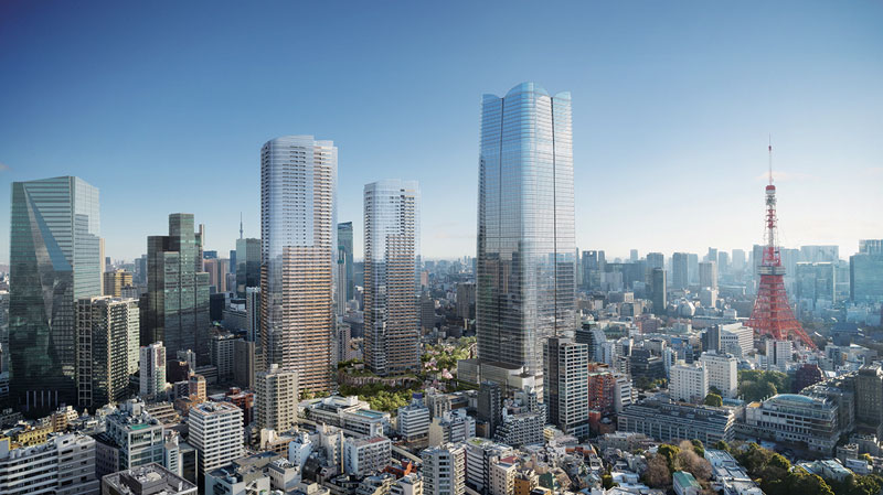 A cityscape of Tokyo featuring modern skyscrapers, including glass towers, with the iconic red Tokyo Tower visible on the right under a clear blue sky.