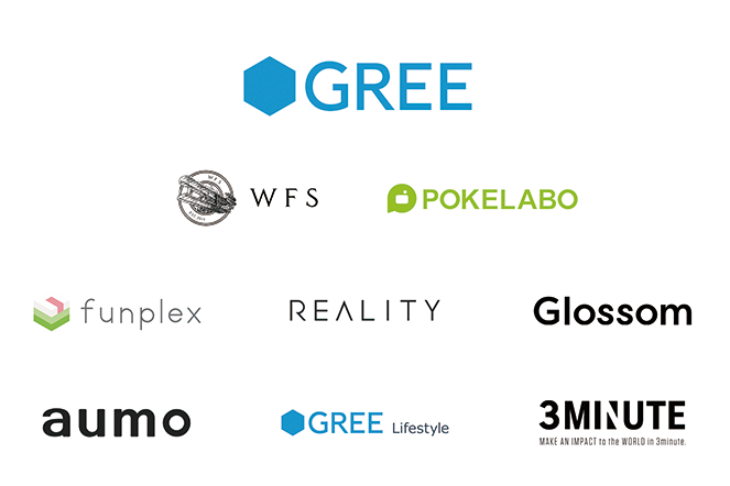 A collection of logos representing companies in the GREE Group, including GREE, WFS, Pokelabo, funplex, REALITY, Glossom, aumo, GREE Lifestyle, and 3Minute.
