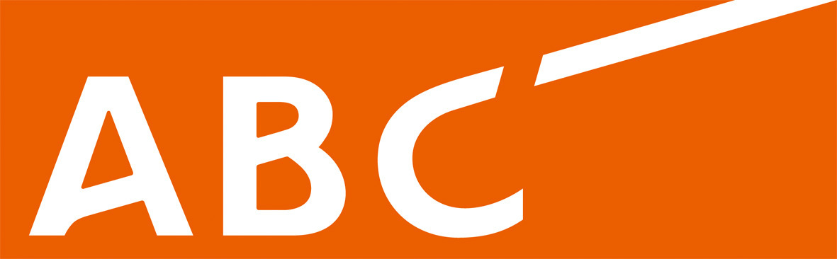 Logo for ABC, featuring the letters 'ABC' in bold white font on an orange background with a stylized design element on the 'C'. Intended for use in case study materials.