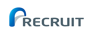Logo of Recruit, featuring a stylized blue 'R' and the word 'RECRUIT' in uppercase letters.