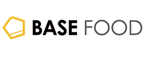 The logo for BASE FOOD, featuring a yellow geometric icon and the company name in bold black and gray text.