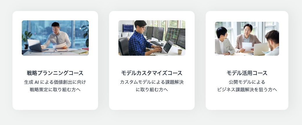 Overview of Japanese generative AI program courses. The image displays three course options with people working at computers: (1) Strategic Planning Course for value creation with generative AI, (2) Model Customization Course for custom model problem solving, and (3) Model Utilization Course for business problem solving using public models.