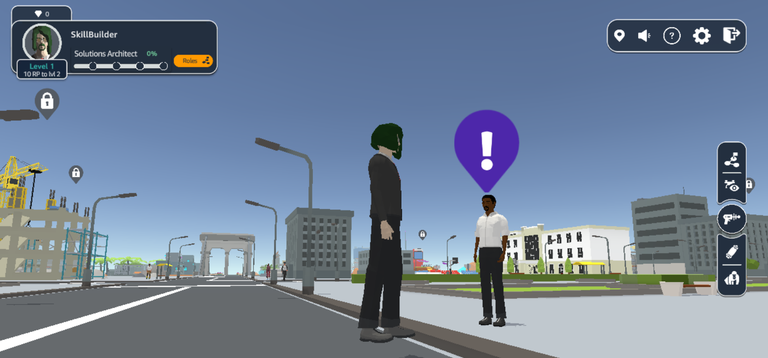 Screenshot of the AWS Skill Builder Cloud Quest game interface showing two 3D avatars in a virtual city environment, with user interface elements and icons visible.