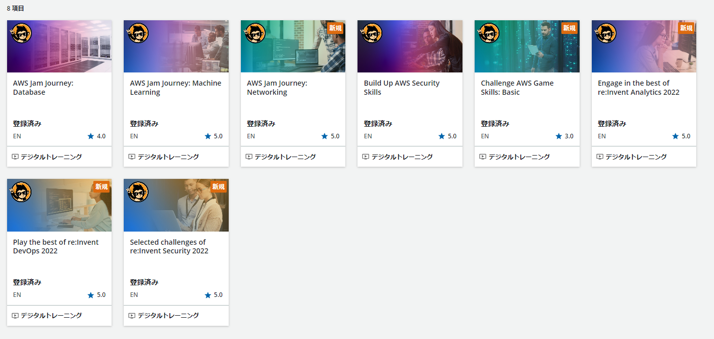 Screenshot of the AWS Jam Journey digital training courses dashboard (2023), displaying various training cards such as Database, Machine Learning, Networking, AWS Security Skills, Game Skills: Basic, re:Invent Analytics 2022, re:Invent DevOps 2022, and re:Invent Security 2022. The interface is in Japanese and features course ratings and status.