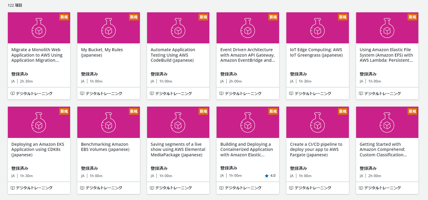 Screenshot of a list of AWS Skill Builder digital training courses in Japanese, showing various course titles and durations for AWS cloud technologies and services.
