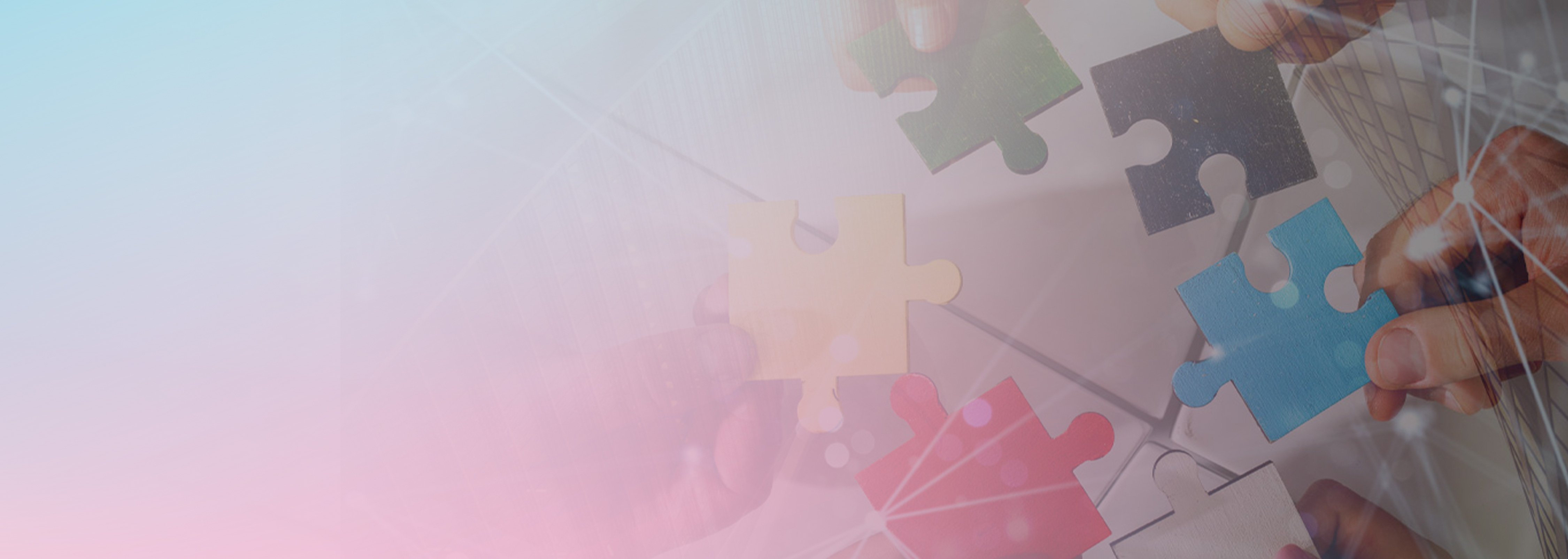 Hands holding colorful puzzle pieces, representing teamwork and collaboration, with a soft pastel gradient overlay.