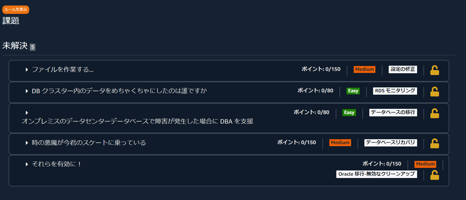 Screenshot of the AWS Skill Builder interface in Japanese, showing a list of unresolved database challenge tasks, including points, difficulty levels, and task descriptions related to files, DB cluster data, on-premises database issues, time-based challenges, and Oracle migration cleanup.