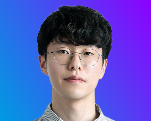 A person with short black hair wearing a striped shirt, set against a gradient blue-to-purple background.