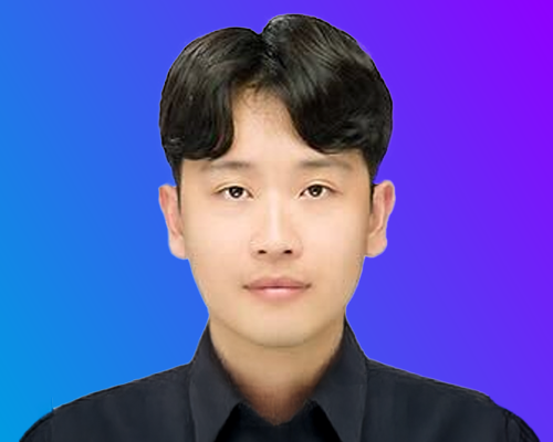 A person wearing a black shirt against a gradient blue-to-purple background.