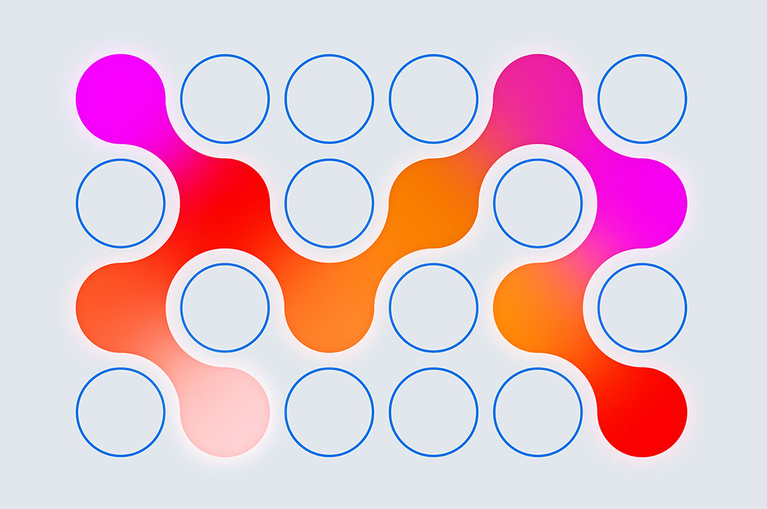 Abstract design of interconnected pink, orange, and red gradient shapes overlaid on a grid of blue-outlined circles.