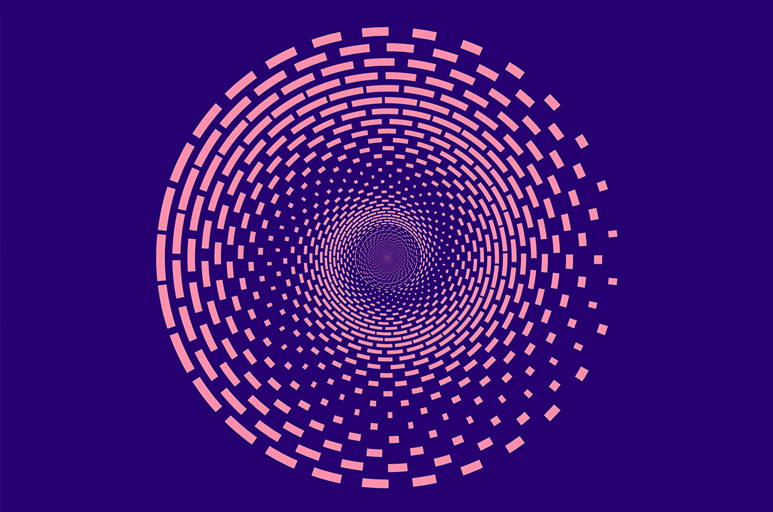 Pink brick-like patterns forming a spiraling vortex on a dark purple background.