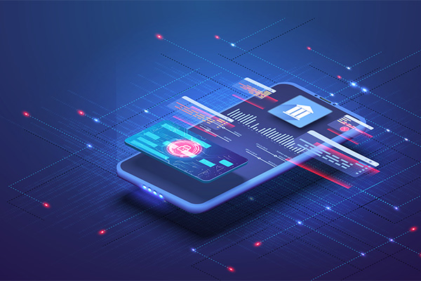 A stylized illustration of a digital mobile device showcasing a futuristic app interface with floating data panels, analytics, and technology elements on a blue background. Represents mobile technology, app development, and digital transformation.