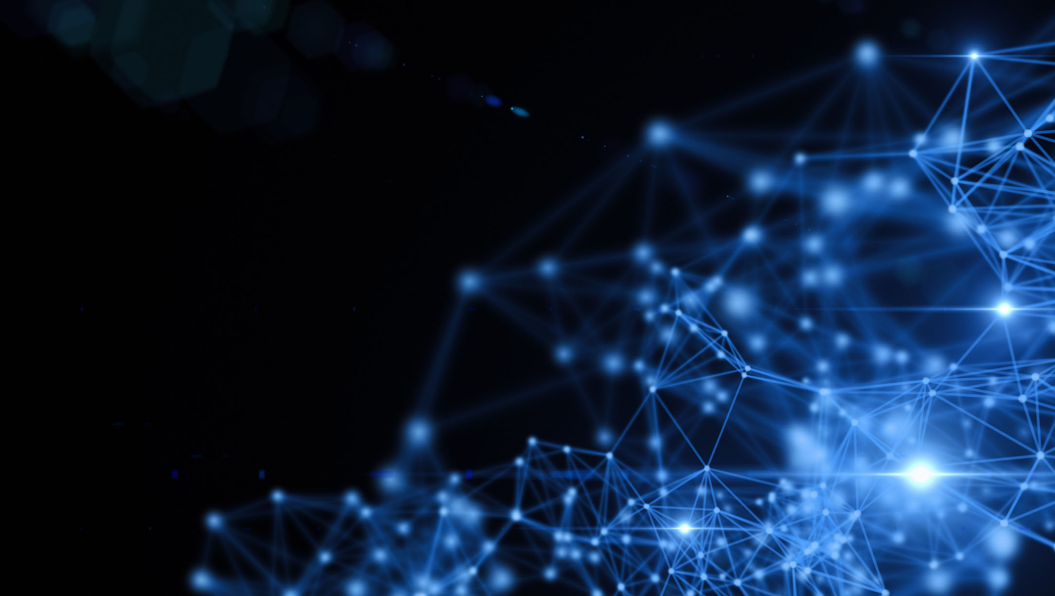 A 3D render of a technology concept showing a glowing network of connected points and lines on a dark background, representing digital, software, or internet connectivity.