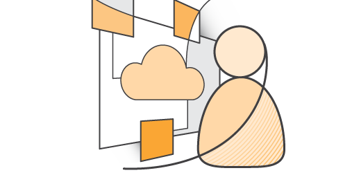 An illustration depicting a person, a cloud, and orange business-related elements, representing cloud marketing or business solutions in a modern digital context.