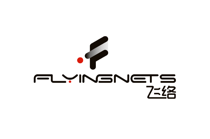 Logo image for FlyingNets, featuring stylized text 'FLYINGNETS' with a modern design, red dot accents, and Chinese characters '飞络' on a white background.