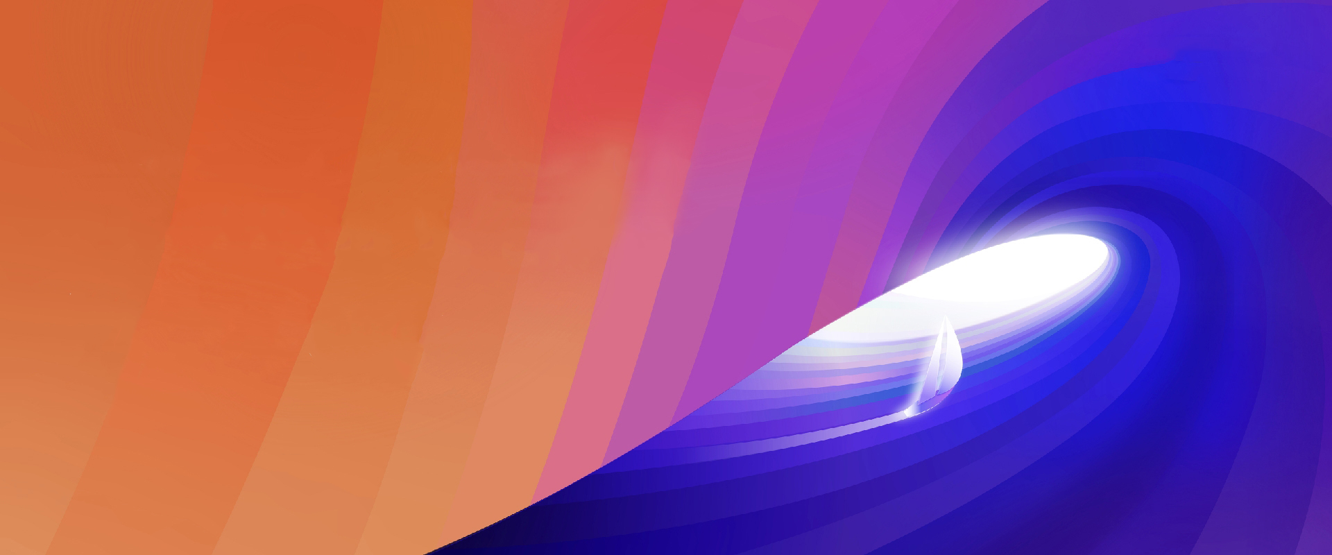 An abstract background featuring orange and purple gradient curves with a stylized white sailboat in the lower right against a glowing white center.