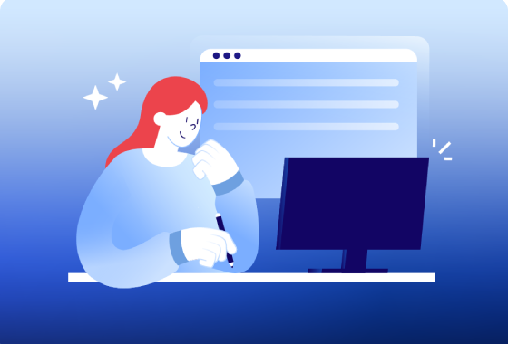Illustration of a woman with red hair working at a desk, looking at a computer screen with a thoughtful expression.