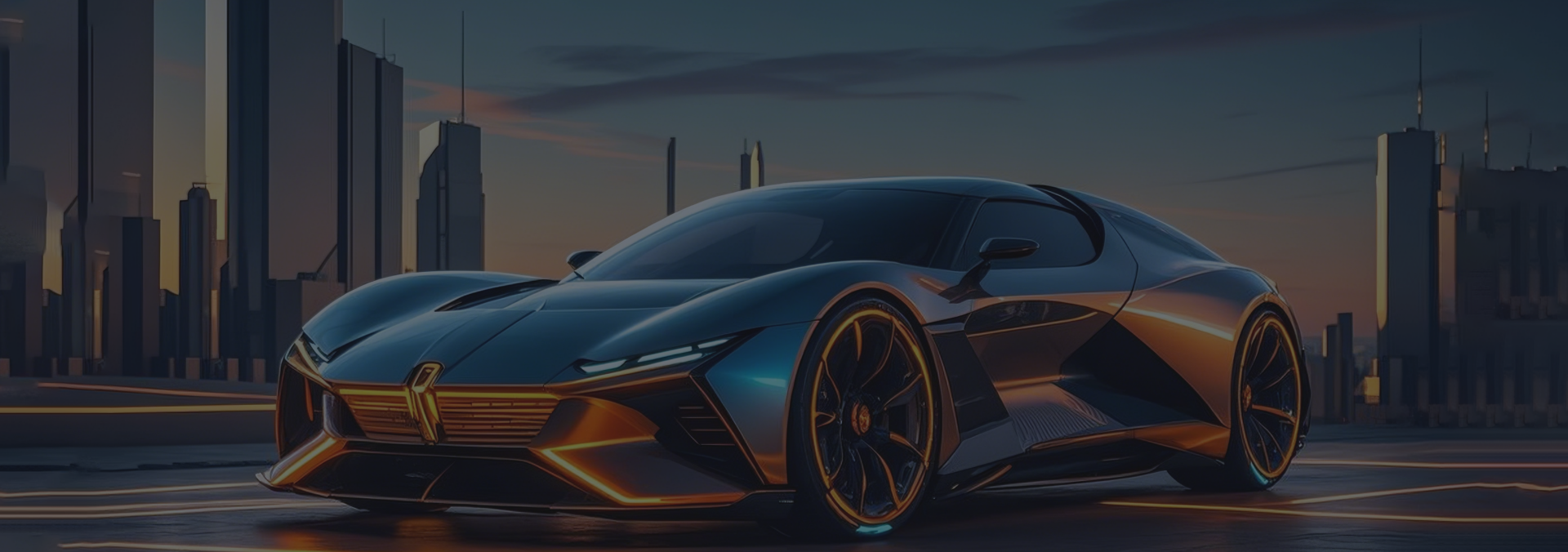 A sleek futuristic sports car parked on a modern city street with tall buildings in the background, illuminated by a dramatic sunset.
