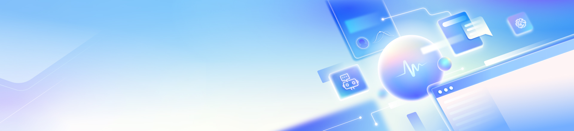 Abstract digital illustration with a blue gradient background, featuring icons of a chatbot, documents, a brain symbol, and a pulse line, representing technology and communication.