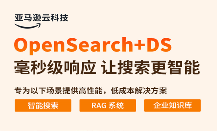 AWS OpenSearch+DS Chinese promotional banner featuring the text 'OpenSearch+DS 毫秒级响应 让搜索更智能', highlighting high performance and cost-effective solutions for intelligent search, RAG systems, and enterprise knowledge bases, with the AWS logo and branding.