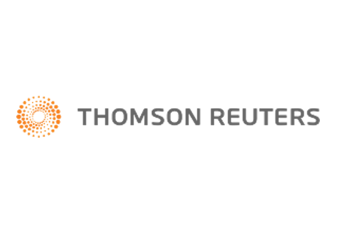 Thomson Reuters logo featuring an orange circular design and grey text.