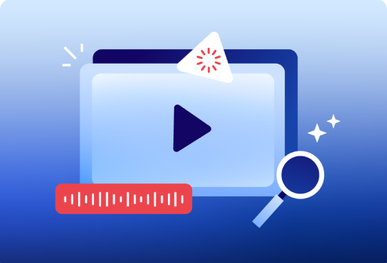 Illustration of a video player with a play button, magnifying glass, progress bar, and alert icon on a blue gradient background.