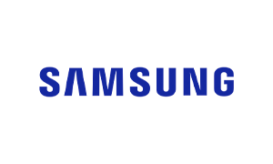 Samsung logo with blue text on a white background