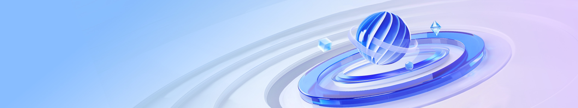 A futuristic blue and purple design featuring a glossy striped sphere surrounded by concentric rings and floating geometric shapes.