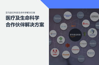 一张介绍 AWS 医疗及生命科学合作伙伴解决方案的中文宣传图片，展示了多个合作伙伴的品牌标志，如泰美、微策、日立、Adobe、华大智造等，图中包含“亚马逊云科技”以及与其合作伙伴相关的图形元素。