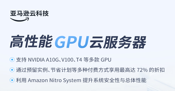 亚马逊云科技高性能GPU云服务器宣传图,展示支持多种NVIDIA GPU、最高72%费用折扣及Amazon Nitro System系统安全与性能提升。