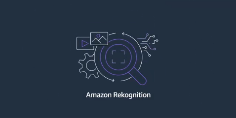 Amazon Rekognition logo diagram featuring a magnifying glass, image, video, gear, and circuit icons representing image and video analysis capabilities.