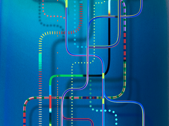 An abstract illustration featuring multicolored, curved lines with dotted and solid segments on a blue background, evoking a sense of digital connectivity or a network map.