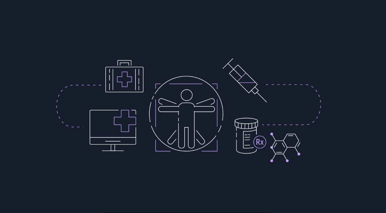 An illustration featuring technology-related icons for genomics and healthcare, including a syringe, a prescription bottle, a molecular structure, a human body diagram, a medical briefcase, and a computer monitor with a medical cross.