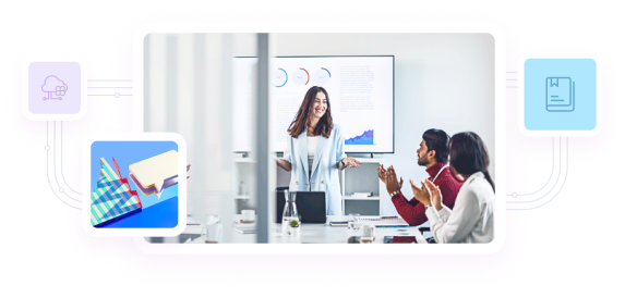 A business meeting with a presentation screen displaying charts and graphs, surrounded by icons representing data and documents.