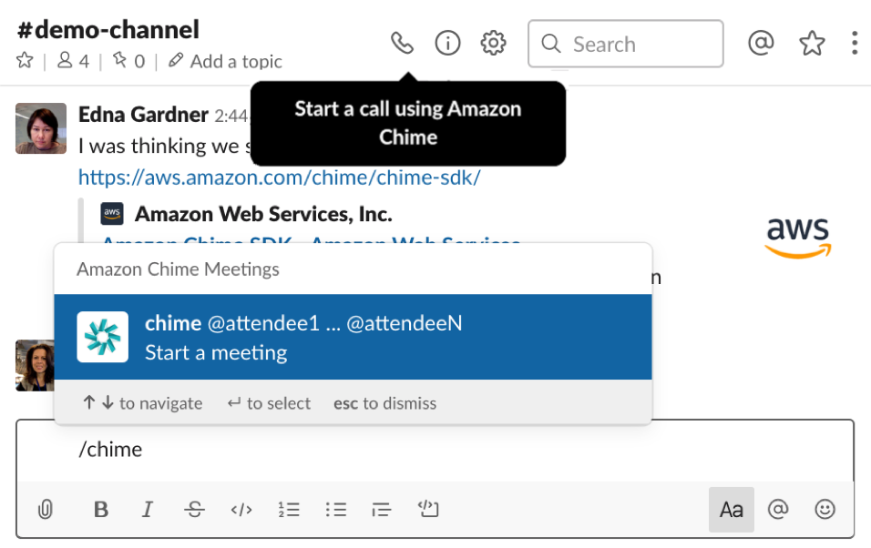 Screenshot showing the integration of Amazon Chime with Slack, where a user can start a video meeting using an Amazon Chime Meetings command within a Slack channel interface.