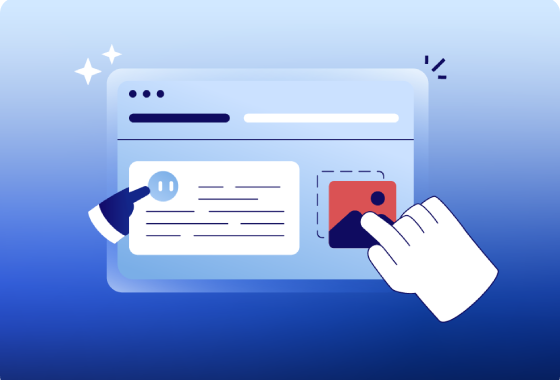 Illustration of a web interface with a hand clicking on an image icon and another hand interacting with text.