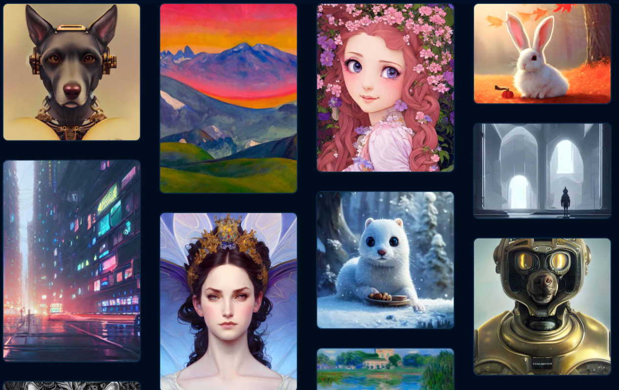 A collage of diverse AI-generated sample artworks, including stylized animal portraits, digital illustrations of people, fantasy landscapes, and futuristic city scenes, showcasing computational aesthetics powered by AIGC partner solutions.