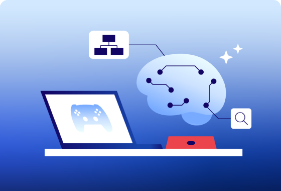 Illustration of a laptop displaying a game controller icon, connected to a brain graphic with neural pathways, symbolizing AI and technology integration.